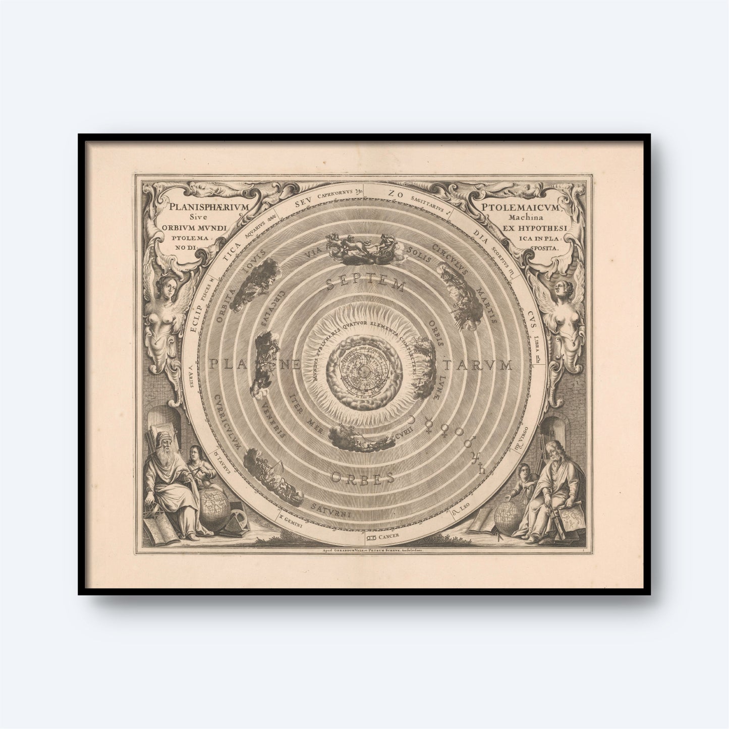 The Planisphaerium by Ptolemy is a framed, antique celestial map that features an ancient astronomy print of the Ptolemaic system. The Earth is at the center, encircled by concentric orbits of celestial bodies, with historical figures and cherubs adorning the corners.
