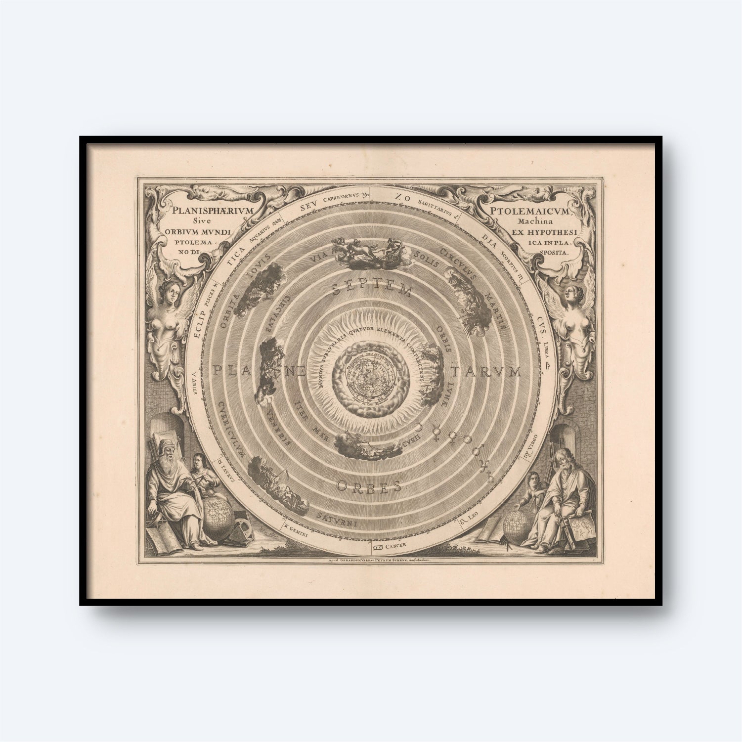 The Planisphaerium by Ptolemy is a framed, antique celestial map that features an ancient astronomy print of the Ptolemaic system. The Earth is at the center, encircled by concentric orbits of celestial bodies, with historical figures and cherubs adorning the corners.