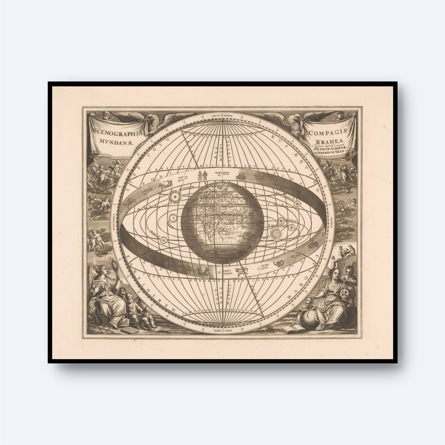Antique map titled "Harmonia Macrocosmica" by Andreas Cellarius, displaying a geocentric model of the universe. The map, in sepia tones, boasts intricate celestial illustrations and artistic figures adorning the edges. This exquisite Astrology Wall Art also subtly incorporates Zodiac representations.