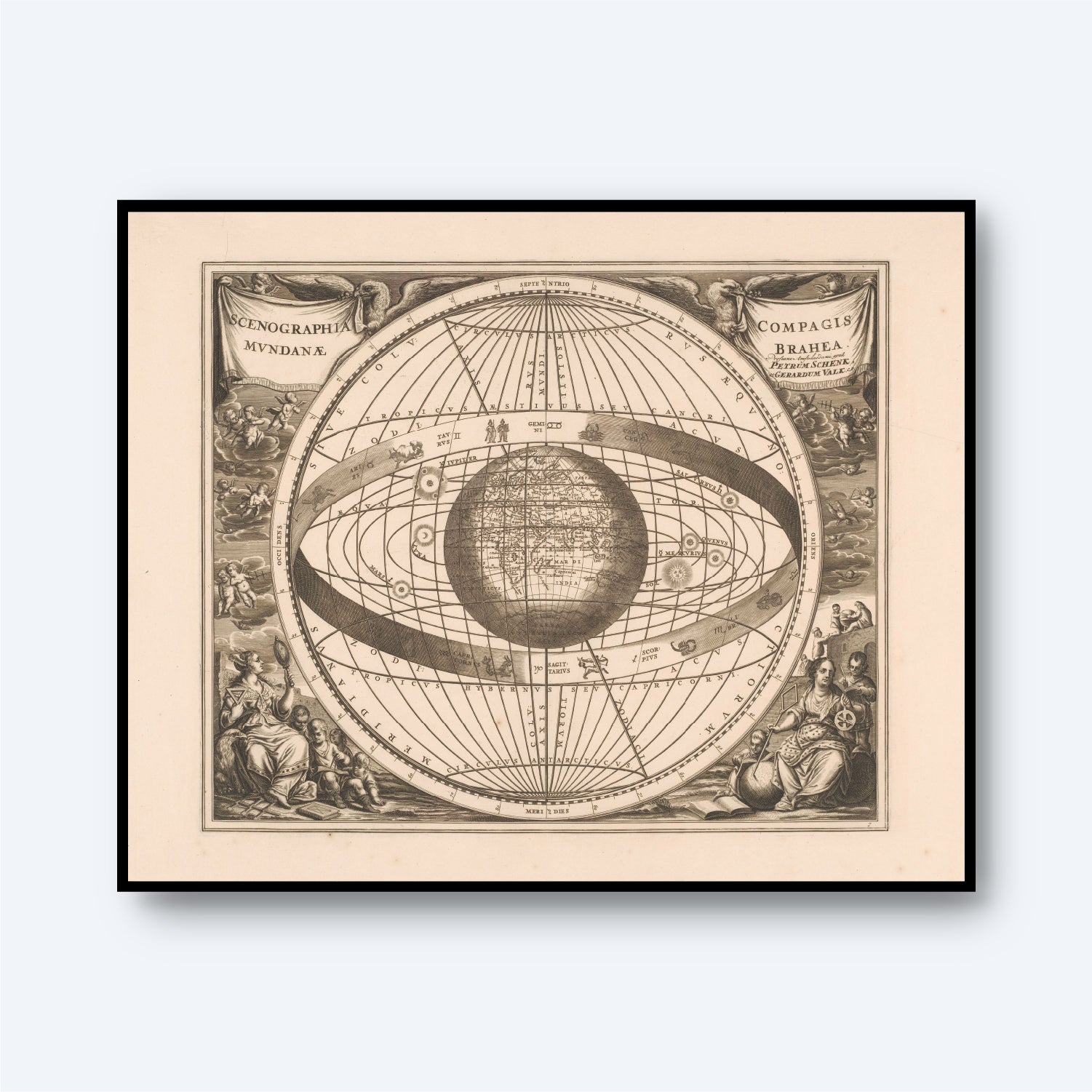 Antique map titled "Harmonia Macrocosmica" by Andreas Cellarius, displaying a geocentric model of the universe. The map, in sepia tones, boasts intricate celestial illustrations and artistic figures adorning the edges. This exquisite Astrology Wall Art also subtly incorporates Zodiac representations.