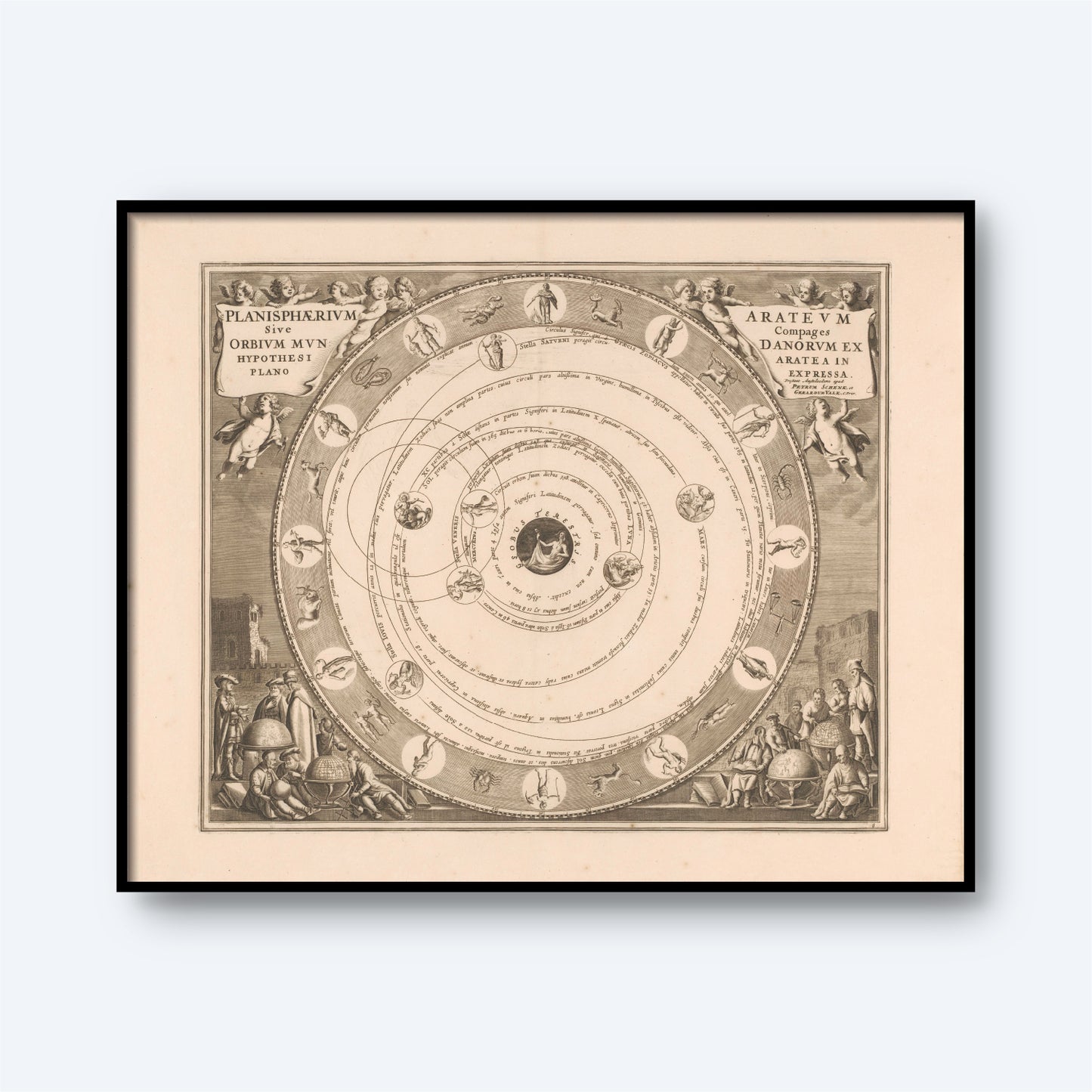 A framed, antique astronomical chart titled "Planisphaerivm Aratevm sive Compages Orbivm Mvndanorvm" by Andreas Cellarius features circular diagrams representing the heliocentric solar system. The chart includes intricate illustrations of celestial figures around the perimeter and labels in Latin. This piece of celestial cartography beautifully exhibits an artistic representation of planetary orbits.