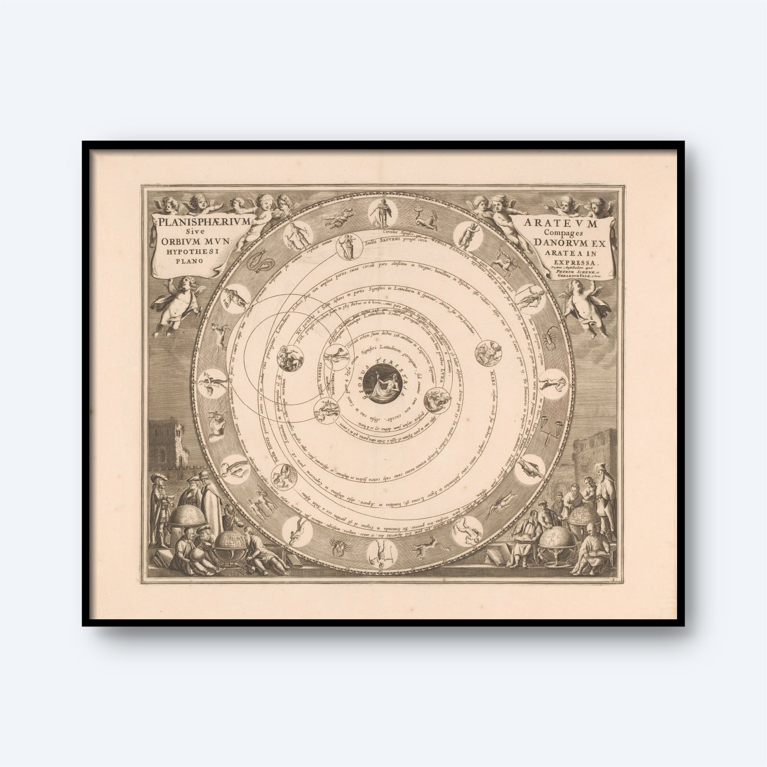 A framed, antique astronomical chart titled "Planisphaerivm Aratevm sive Compages Orbivm Mvndanorvm" by Andreas Cellarius features circular diagrams representing the heliocentric solar system. The chart includes intricate illustrations of celestial figures around the perimeter and labels in Latin. This piece of celestial cartography beautifully exhibits an artistic representation of planetary orbits.