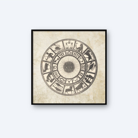 The Ancient Zodiac Print is a framed illustration featuring the twelve zodiac signs arranged in a circular pattern around a central sun design, embodying ancient astrology. The background is a textured off-white, giving it a vintage aesthetic. This captivating wall art showcases each zodiac symbol in black against the light background.