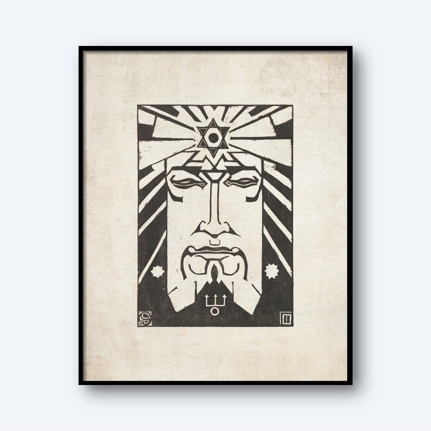 The "Neptunus - Planet Masks" by Henri van der Stok features a stylized, geometric depiction of a person's face with angular shapes and a prominent triangle with an eye at the forehead. The design is in black and white on a textured, light-colored background.
