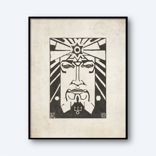 The "Neptunus - Planet Masks" by Henri van der Stok features a stylized, geometric depiction of a person's face with angular shapes and a prominent triangle with an eye at the forehead. The design is in black and white on a textured, light-colored background.