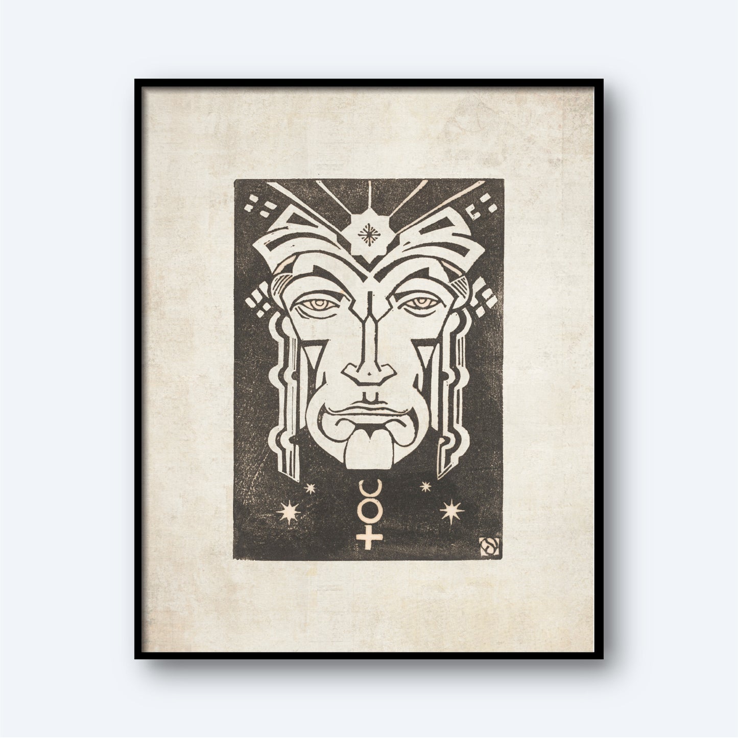 The framed artwork, titled "Mercurius - Planet Masks" by Henri van der Stok, depicts a stylized human face with an intricate geometric design. Symmetrical patterns adorn the face, accompanied by symbols such as stars and a circular glyph that embellish the surrounding space. This piece of astrology wall art stands out against the off-white background, enhancing the black and beige illustration.