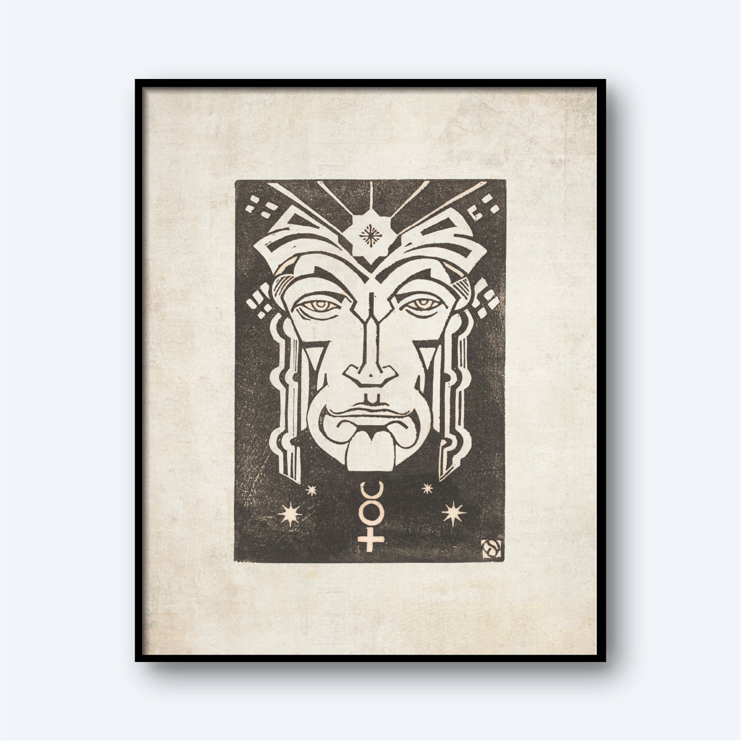 The framed artwork, titled "Mercurius - Planet Masks" by Henri van der Stok, depicts a stylized human face with an intricate geometric design. Symmetrical patterns adorn the face, accompanied by symbols such as stars and a circular glyph that embellish the surrounding space. This piece of astrology wall art stands out against the off-white background, enhancing the black and beige illustration.