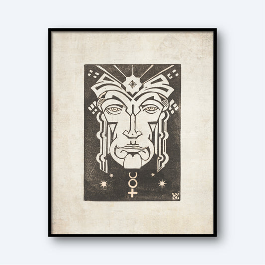 The framed artwork, titled "Mercurius - Planet Masks" by Henri van der Stok, depicts a stylized human face with an intricate geometric design. Symmetrical patterns adorn the face, accompanied by symbols such as stars and a circular glyph that embellish the surrounding space. This piece of astrology wall art stands out against the off-white background, enhancing the black and beige illustration.