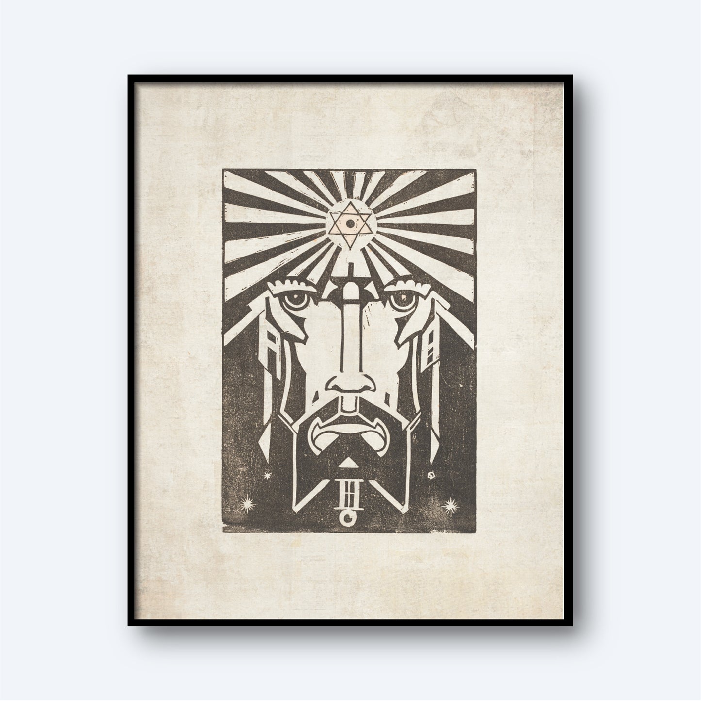 The framed artwork titled "Uranus - Planet Masks" by Henri van der Stok features a stylized, abstract face with intense eyes and a stoic expression. Rays emanate from a star at the top of the head, giving a radiant effect. The design is monochromatic and has a modern, geometric quality reminiscent of planet masks.
