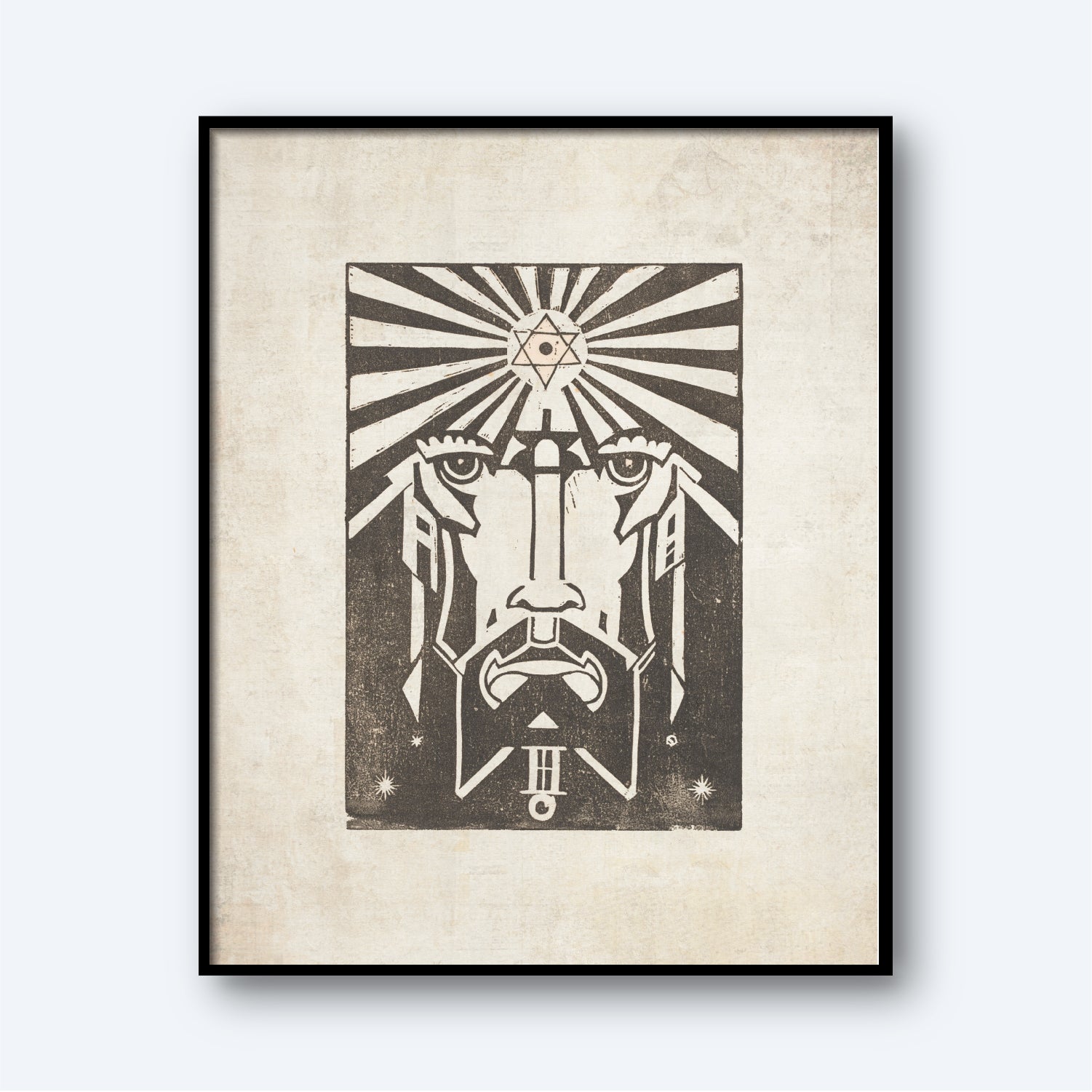 The framed artwork titled "Uranus - Planet Masks" by Henri van der Stok features a stylized, abstract face with intense eyes and a stoic expression. Rays emanate from a star at the top of the head, giving a radiant effect. The design is monochromatic and has a modern, geometric quality reminiscent of planet masks.