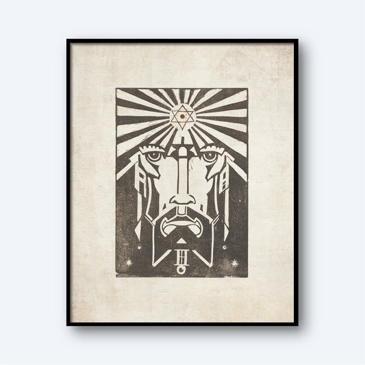 The framed artwork titled "Uranus - Planet Masks" by Henri van der Stok features a stylized, abstract face with intense eyes and a stoic expression. Rays emanate from a star at the top of the head, giving a radiant effect. The design is monochromatic and has a modern, geometric quality reminiscent of planet masks.