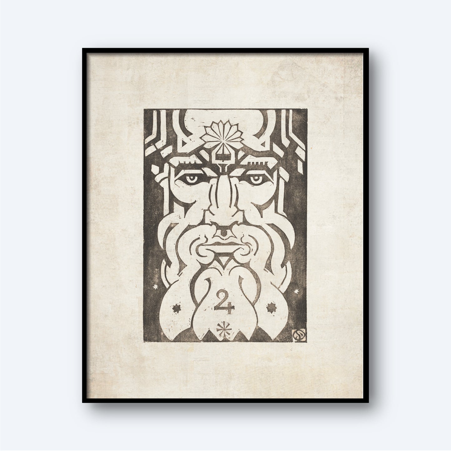 The "Jupiter - Planet Masks" by Henri van der Stok features a framed black and white illustration of a stylized face with a long beard and headpiece. The number "24" is prominently displayed at the bottom center amidst intricate zodiac patterns and designs, making this astrology wall art piece stand out against a plain white background.