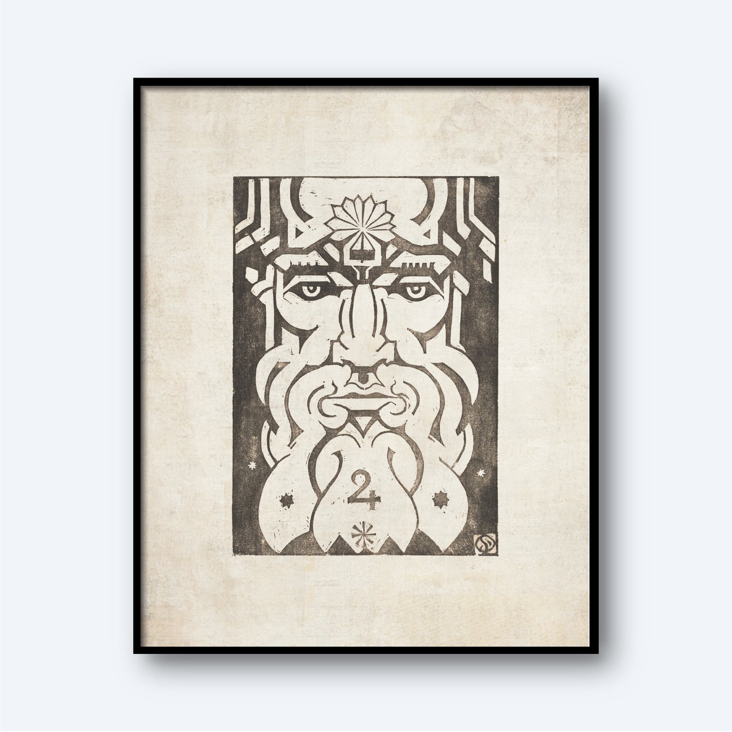 The "Jupiter - Planet Masks" by Henri van der Stok features a framed black and white illustration of a stylized face with a long beard and headpiece. The number "24" is prominently displayed at the bottom center amidst intricate zodiac patterns and designs, making this astrology wall art piece stand out against a plain white background.