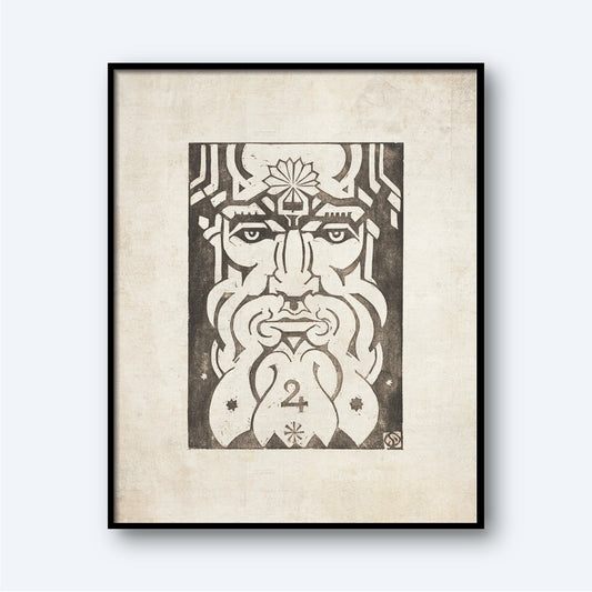 The "Jupiter - Planet Masks" by Henri van der Stok features a framed black and white illustration of a stylized face with a long beard and headpiece. The number "24" is prominently displayed at the bottom center amidst intricate zodiac patterns and designs, making this astrology wall art piece stand out against a plain white background.