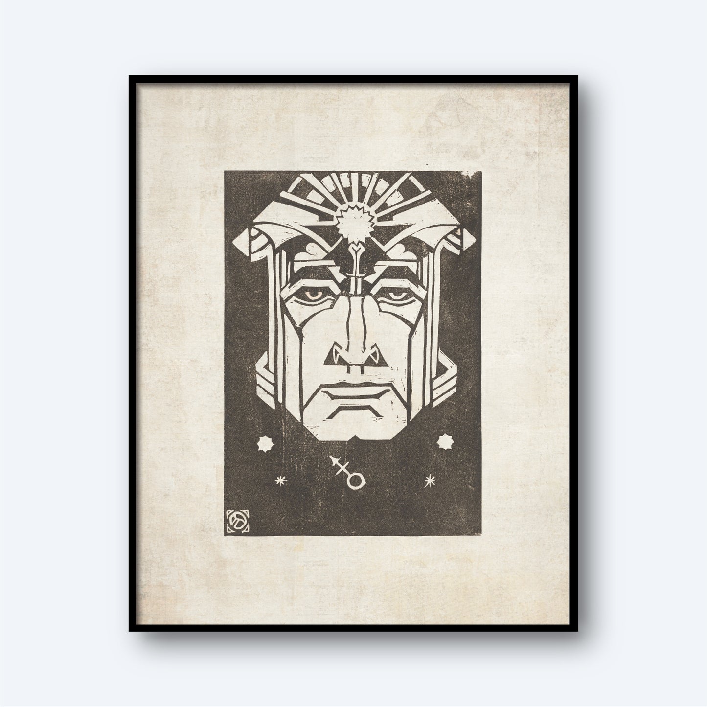 The framed artwork "Mars - Planet Masks" by Henri van der Stok features a stylized black and white illustration of a solemn face wearing a headpiece. Geometric patterns and small star-like symbols, reminiscent of planet masks, surround the figure, adding a sense of mysticism. The background is a textured, off-white canvas.