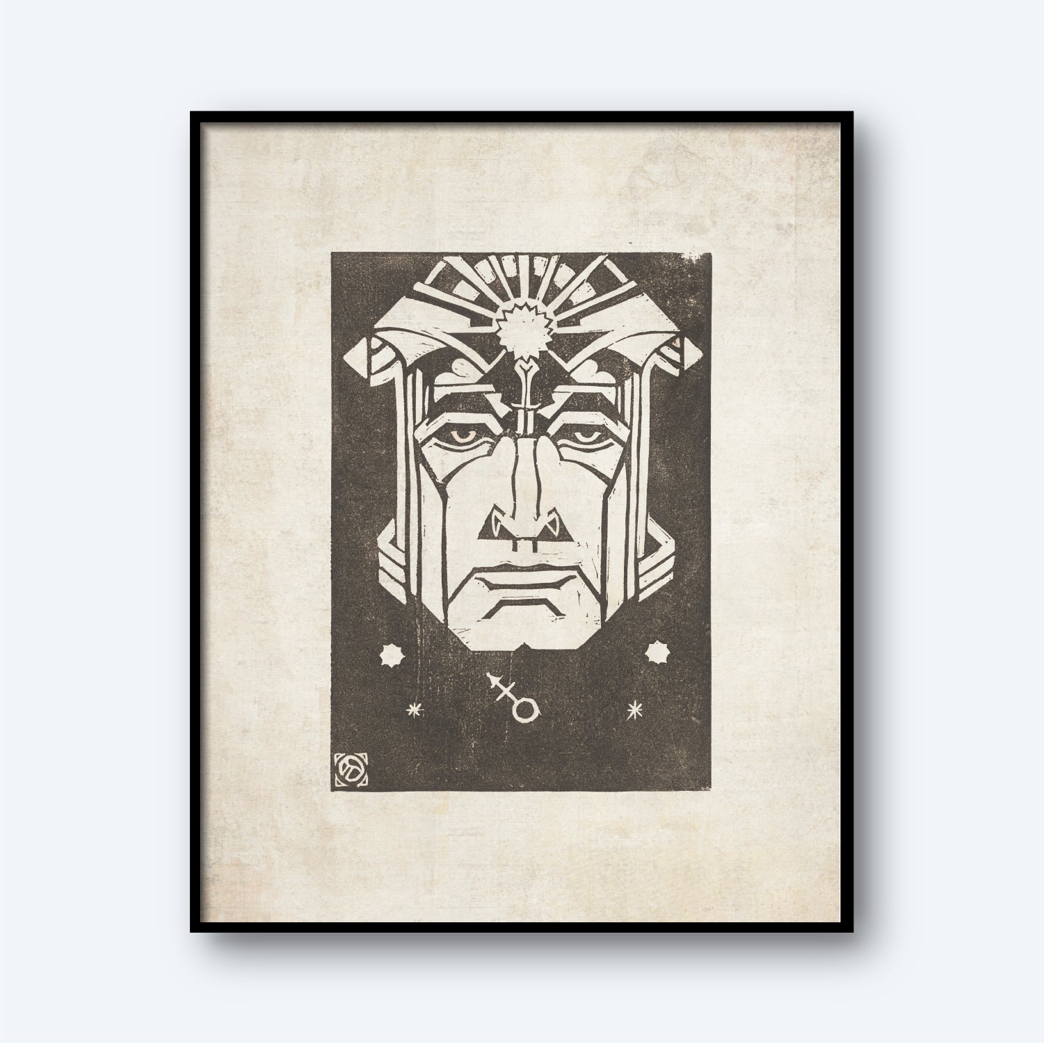 The framed artwork "Mars - Planet Masks" by Henri van der Stok features a stylized black and white illustration of a solemn face wearing a headpiece. Geometric patterns and small star-like symbols, reminiscent of planet masks, surround the figure, adding a sense of mysticism. The background is a textured, off-white canvas.