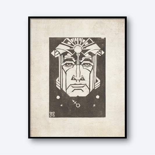 The framed artwork "Mars - Planet Masks" by Henri van der Stok features a stylized black and white illustration of a solemn face wearing a headpiece. Geometric patterns and small star-like symbols, reminiscent of planet masks, surround the figure, adding a sense of mysticism. The background is a textured, off-white canvas.