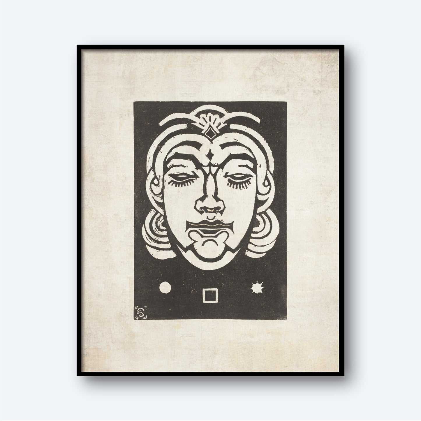 The framed monochromatic artwork, "Earth - Planet Masks by Henri van der Stok," features a stylized face with closed eyes and a calm expression, surrounded by intricate patterns in the hair. Below the face are geometric shapes like a circle, square, and star. The textured off-white background enhances its Zodiac-inspired theme.