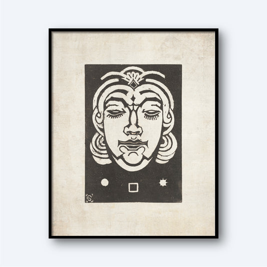 The framed monochromatic artwork, "Earth - Planet Masks by Henri van der Stok," features a stylized face with closed eyes and a calm expression, surrounded by intricate patterns in the hair. Below the face are geometric shapes like a circle, square, and star. The textured off-white background enhances its Zodiac-inspired theme.