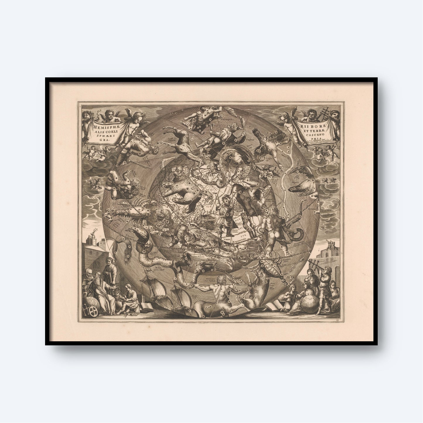 This framed artwork, titled "Spherical Scenograph of the Celestial and Terrestrial Northern Hemisphere" by Andreas Cellarius, features detailed illustrations of mythical creatures, animals, and legendary figures. The central area is densely illustrated with captivating scenes, while the corners showcase additional Zodiac figures and classical artistic visuals, making it a captivating piece of astrology wall art.