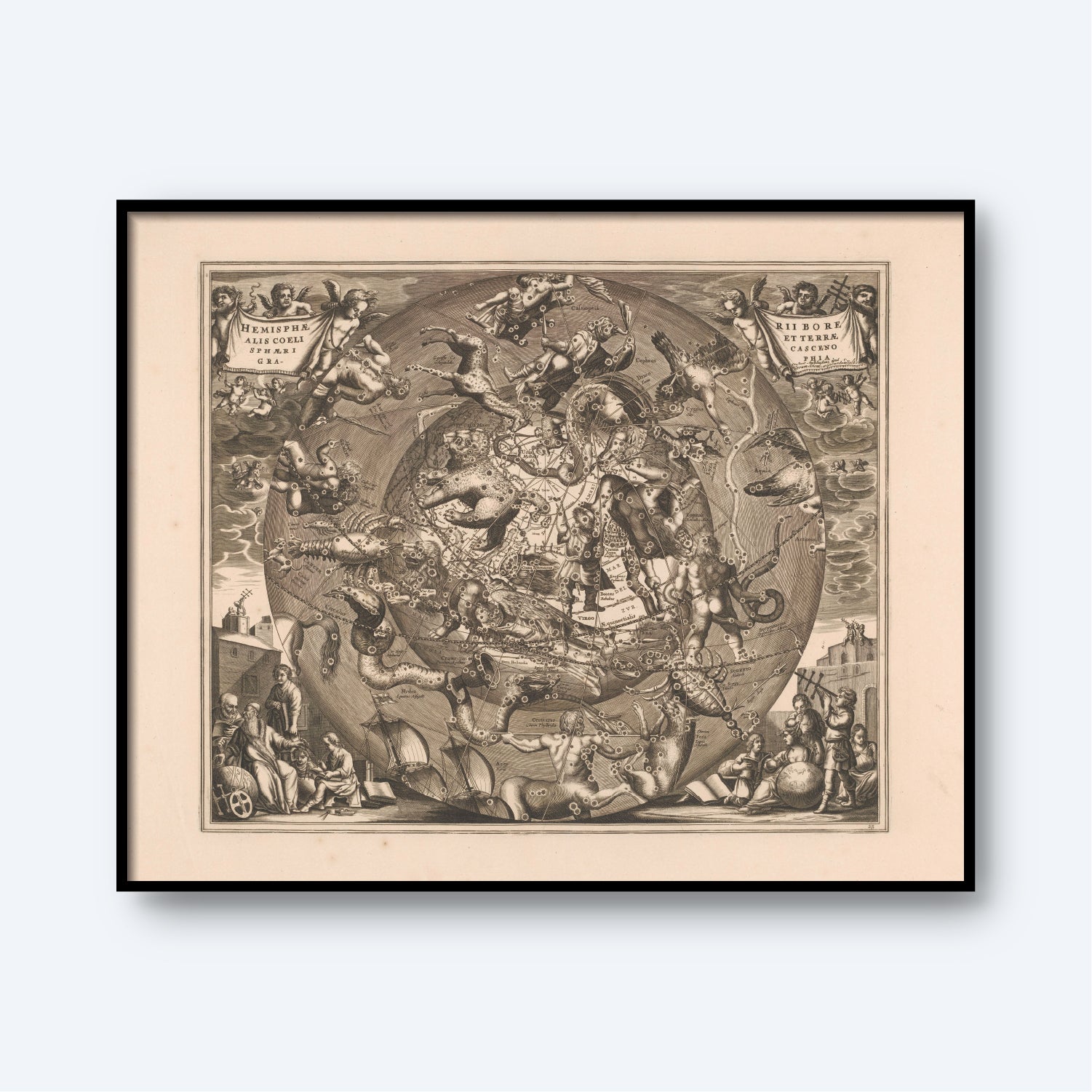 This framed artwork, titled "Spherical Scenograph of the Celestial and Terrestrial Northern Hemisphere" by Andreas Cellarius, features detailed illustrations of mythical creatures, animals, and legendary figures. The central area is densely illustrated with captivating scenes, while the corners showcase additional Zodiac figures and classical artistic visuals, making it a captivating piece of astrology wall art.