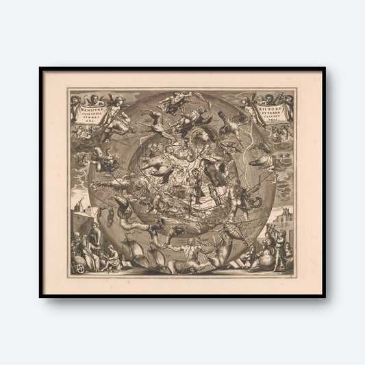 This framed artwork, titled "Spherical Scenograph of the Celestial and Terrestrial Northern Hemisphere" by Andreas Cellarius, features detailed illustrations of mythical creatures, animals, and legendary figures. The central area is densely illustrated with captivating scenes, while the corners showcase additional Zodiac figures and classical artistic visuals, making it a captivating piece of astrology wall art.