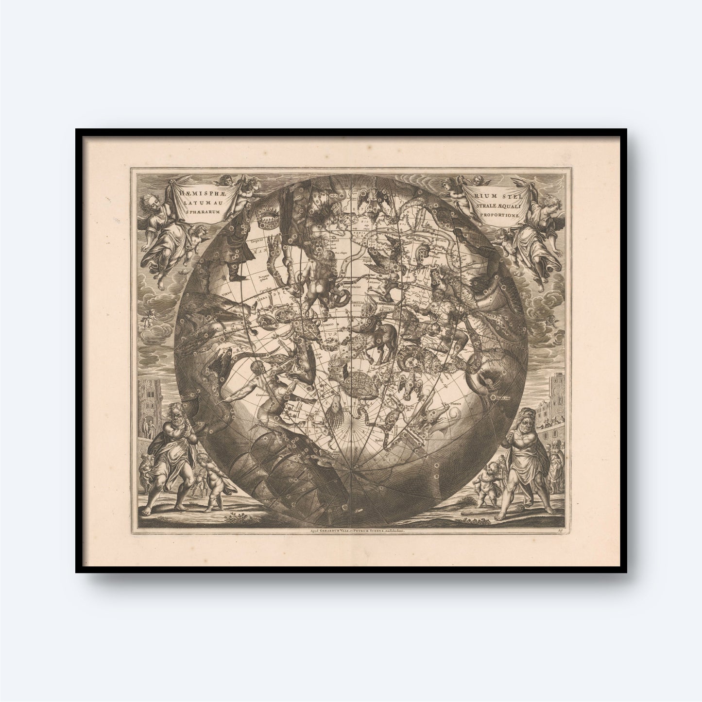 A framed vintage map of the world, "Harmonia Macrocosmica Seu Atlas Universalis Et Novus" by Andreas Cellarius, showcases celestial cartography with constellations and star positions in detailed illustrations. This artwork features ornate corner decorations with various figures and mythological elements. The sepia-toned illustration makes it a stunning piece of wall art.