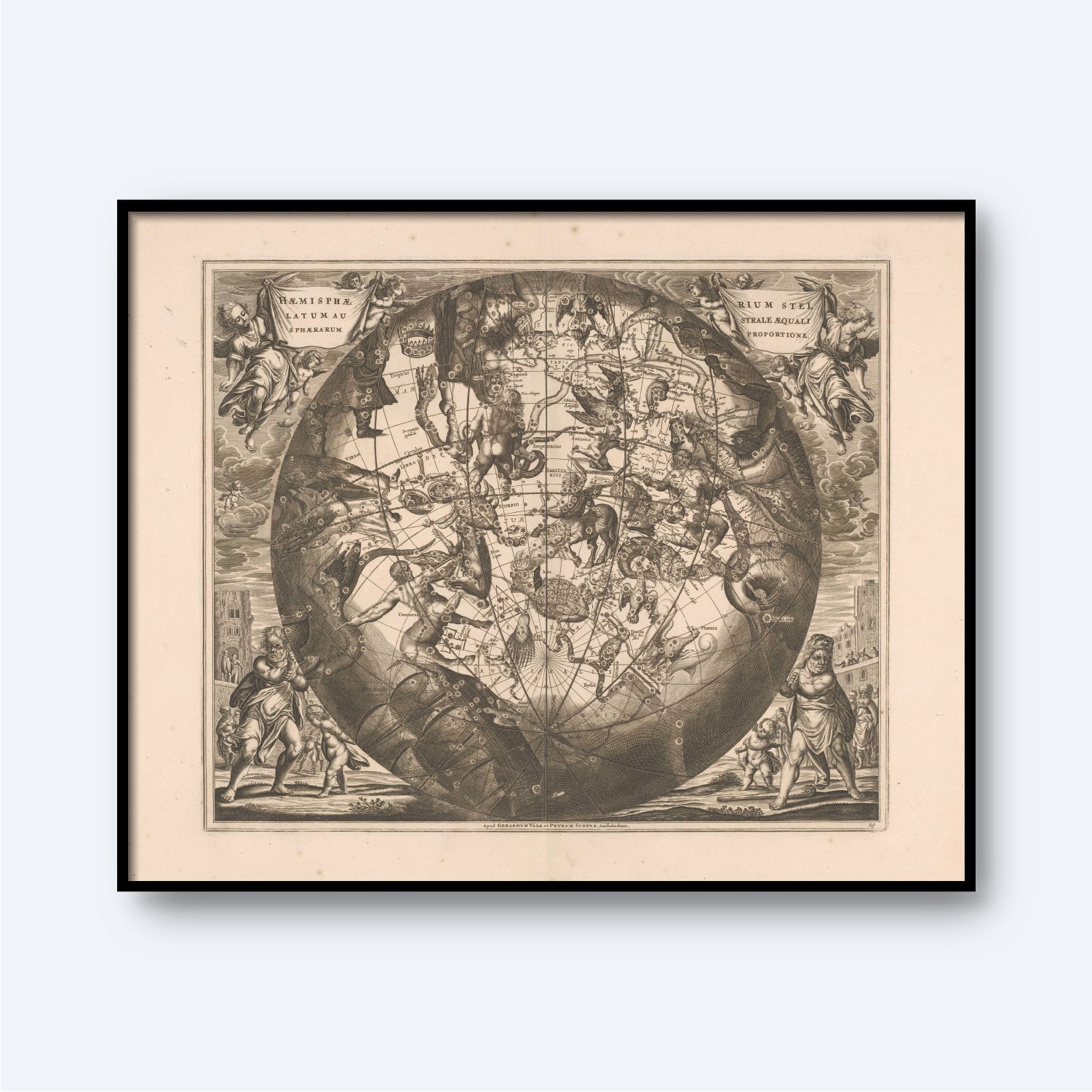 A framed vintage map of the world, "Harmonia Macrocosmica Seu Atlas Universalis Et Novus" by Andreas Cellarius, showcases celestial cartography with constellations and star positions in detailed illustrations. This artwork features ornate corner decorations with various figures and mythological elements. The sepia-toned illustration makes it a stunning piece of wall art.