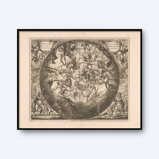 A framed vintage map of the world, "Harmonia Macrocosmica Seu Atlas Universalis Et Novus" by Andreas Cellarius, showcases celestial cartography with constellations and star positions in detailed illustrations. This artwork features ornate corner decorations with various figures and mythological elements. The sepia-toned illustration makes it a stunning piece of wall art.