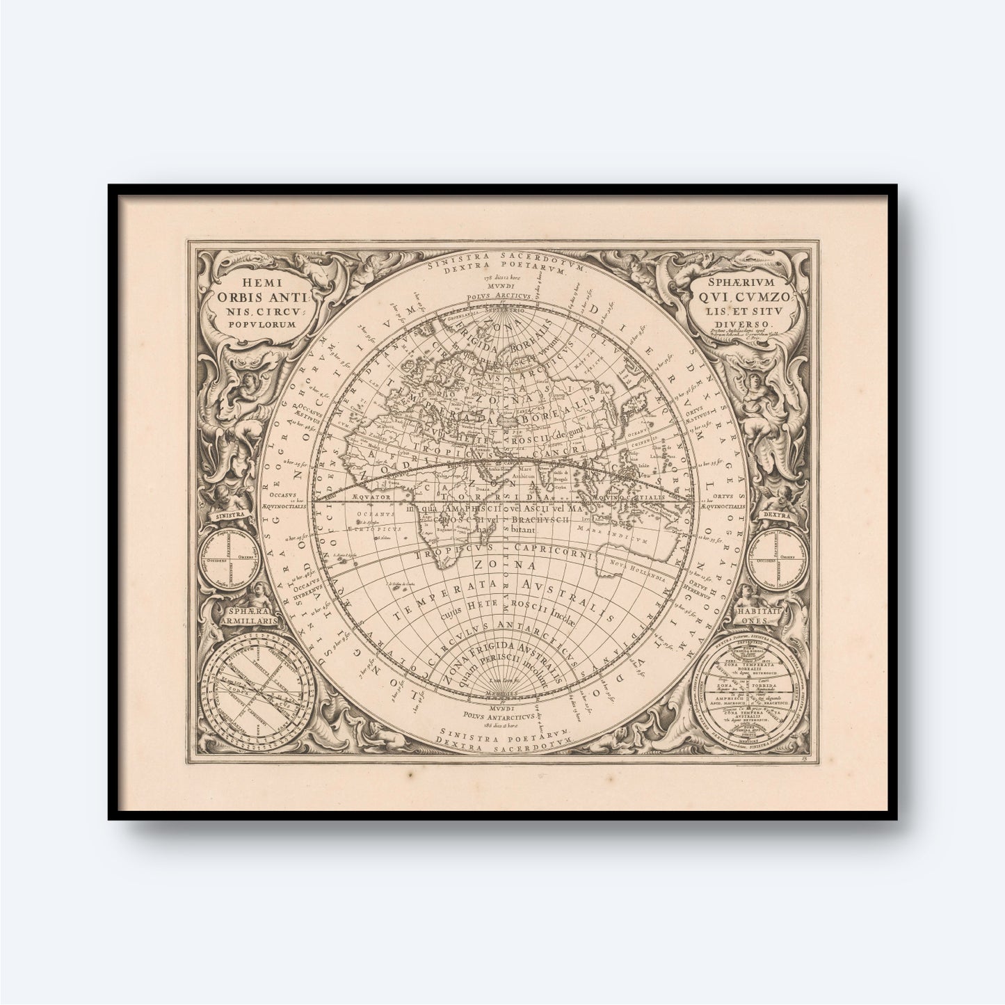 The Map of the Eastern Hemisphere is a framed vintage world map featuring ornate detailing and Latin inscriptions. This ancient-inspired map depicts various regions and continents with intricate borders and embellishments. In the bottom corners, two circular diagrams are potentially illustrating Zodiac signs.