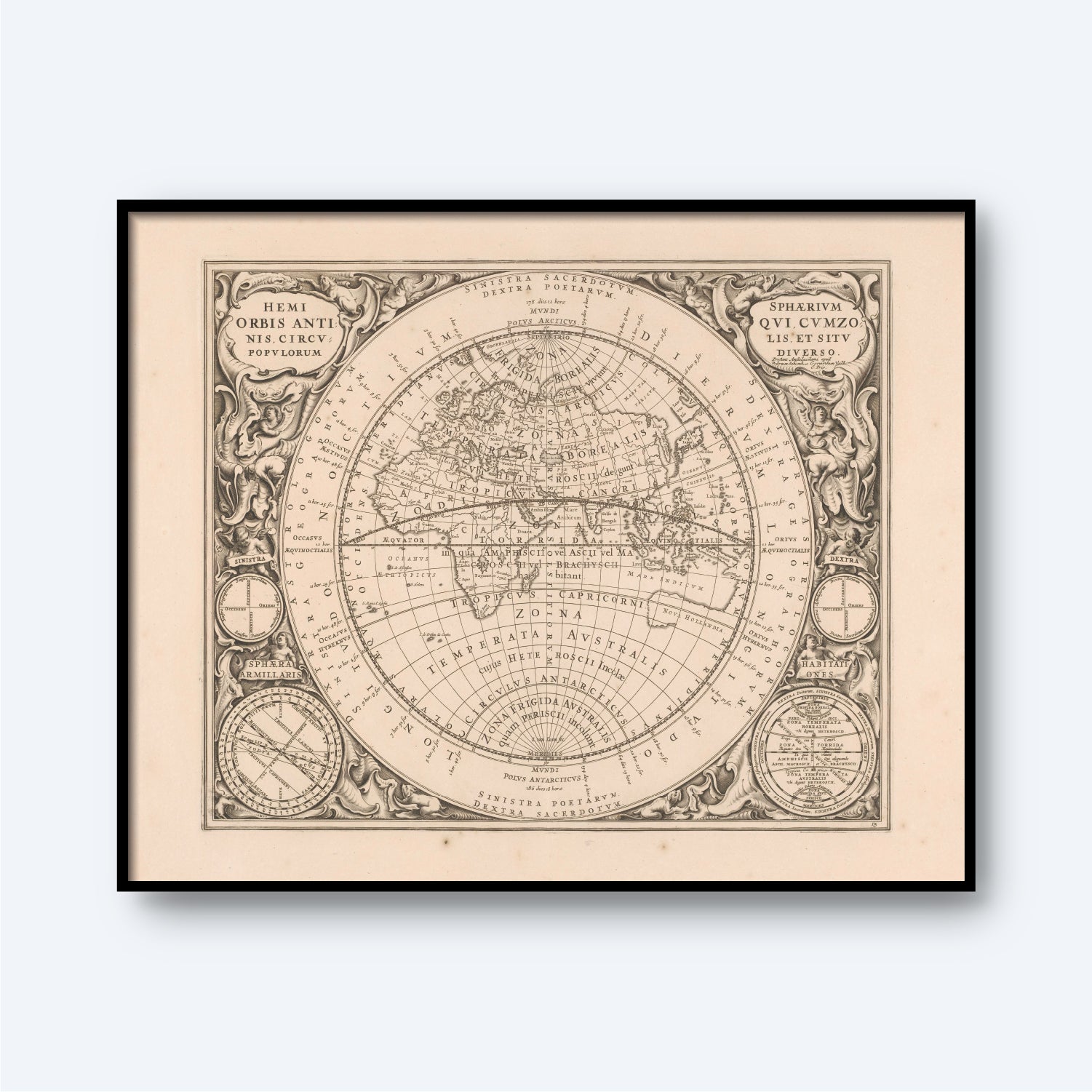 The Map of the Eastern Hemisphere is a framed vintage world map featuring ornate detailing and Latin inscriptions. This ancient-inspired map depicts various regions and continents with intricate borders and embellishments. In the bottom corners, two circular diagrams are potentially illustrating Zodiac signs.