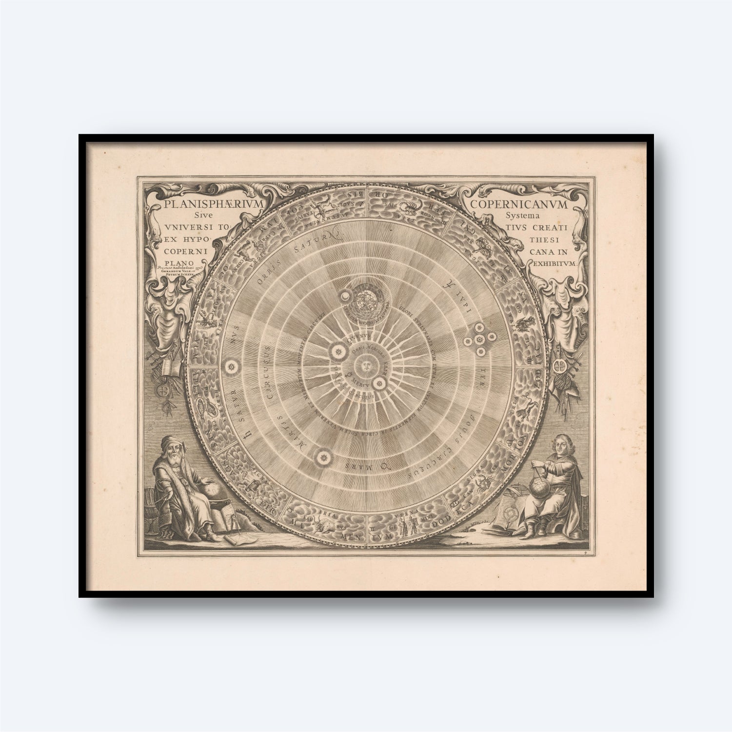 The vintage astronomical chart titled "Copernican Universe - 1660 by Nicolaus Copernicus" displays a heliocentric model of the solar system, central to the Copernican Universe. It features intricate circular designs and depictions of celestial bodies, with illustrations of figures on the left and right margins, framed in black.