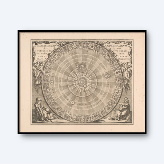 The vintage astronomical chart titled "Copernican Universe - 1660 by Nicolaus Copernicus" displays a heliocentric model of the solar system, central to the Copernican Universe. It features intricate circular designs and depictions of celestial bodies, with illustrations of figures on the left and right margins, framed in black.