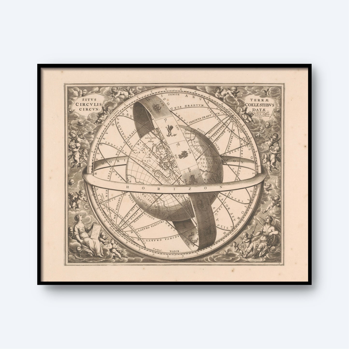 A framed, ancient celestial map titled "Location of The Earth Encircled by The Celestial Circles by Andreas Cellarius," depicting the horizon and astronomical features. This Astrology Wall Art piece is intricately detailed with Latin text, zodiac constellations, and flanked by classical mythological figures in the corners.