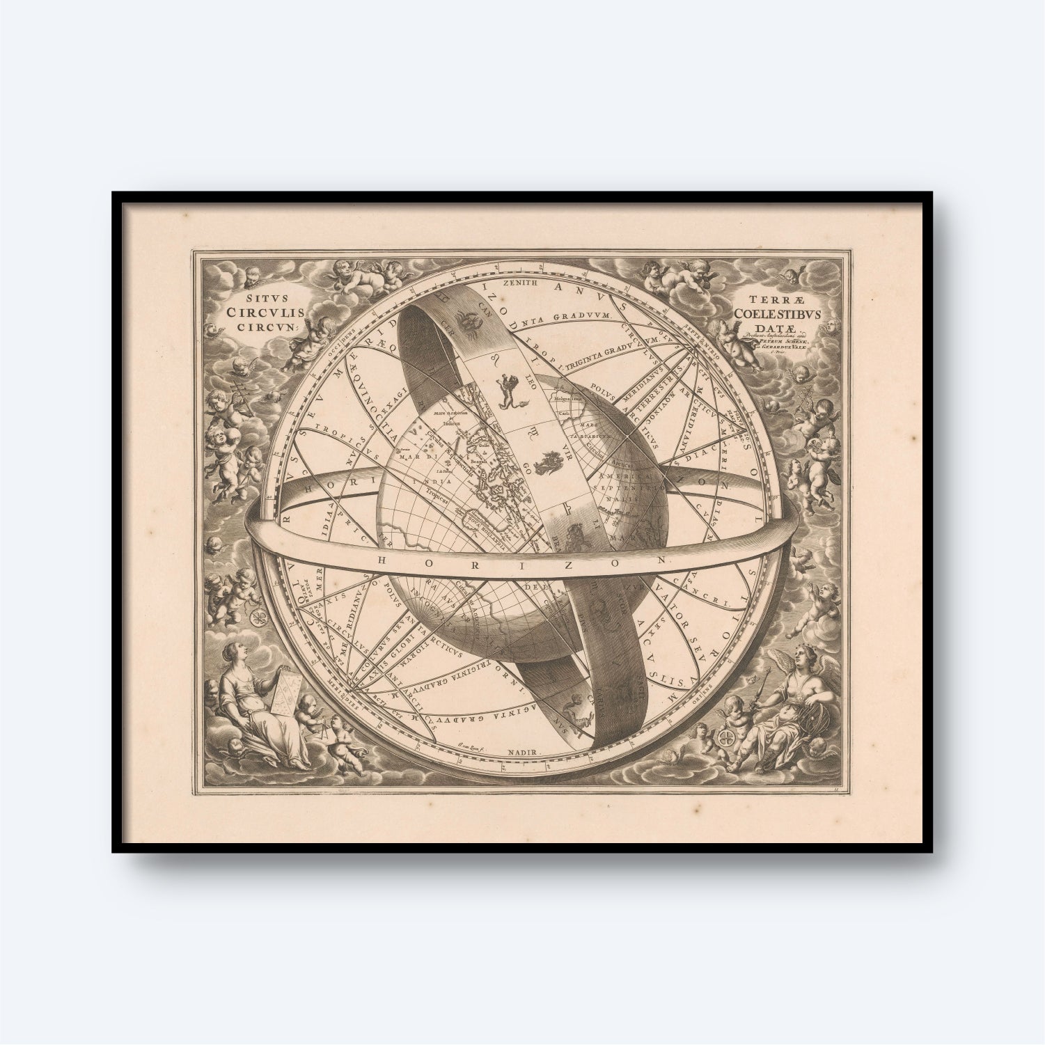 A framed, ancient celestial map titled "Location of The Earth Encircled by The Celestial Circles by Andreas Cellarius," depicting the horizon and astronomical features. This Astrology Wall Art piece is intricately detailed with Latin text, zodiac constellations, and flanked by classical mythological figures in the corners.
