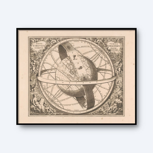 A framed, ancient celestial map titled "Location of The Earth Encircled by The Celestial Circles by Andreas Cellarius," depicting the horizon and astronomical features. This Astrology Wall Art piece is intricately detailed with Latin text, zodiac constellations, and flanked by classical mythological figures in the corners.