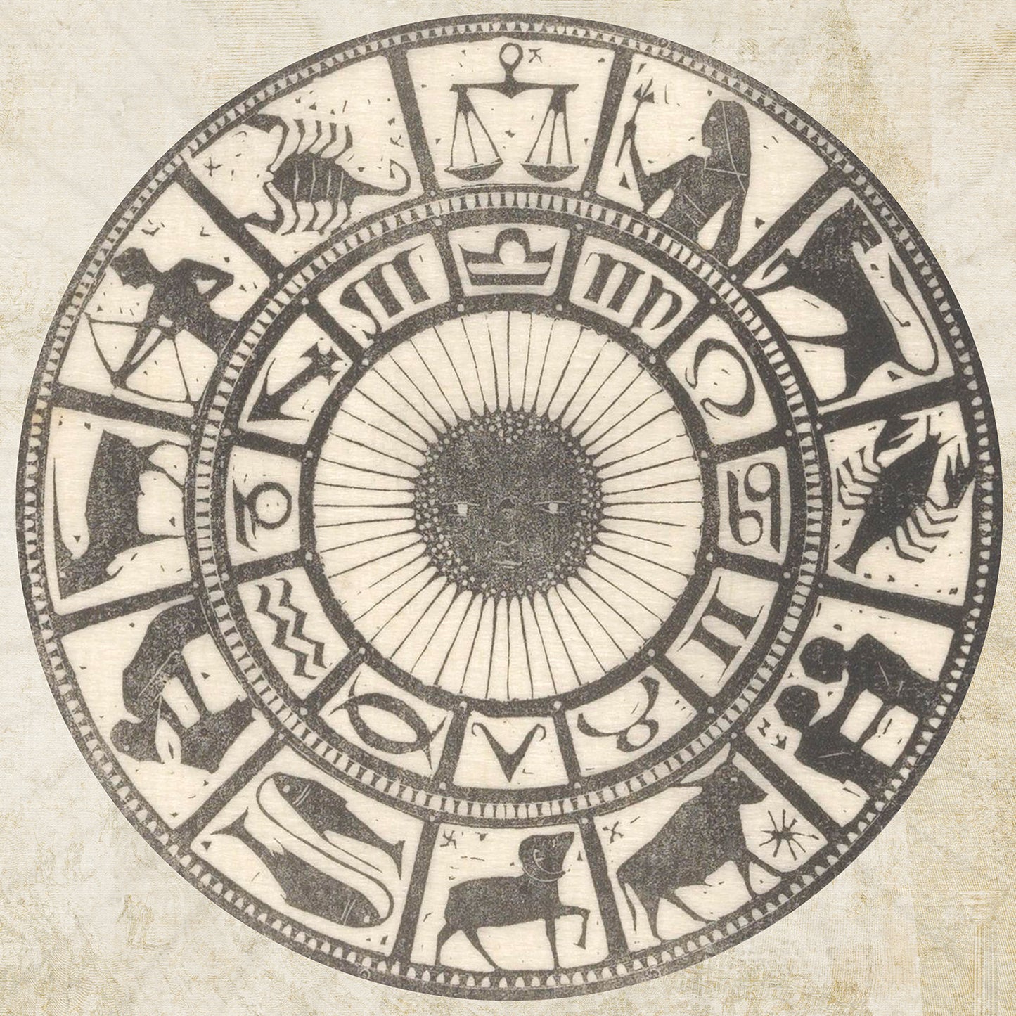The Ancient Zodiac Print showcases the twelve astrological signs arranged in a circular pattern, with detailed illustrations for each sign. At the center is a striking sun-like design with radiating lines. This exquisite piece of wall art has an aged parchment appearance, beautifully capturing the timeless allure of ancient astrology.