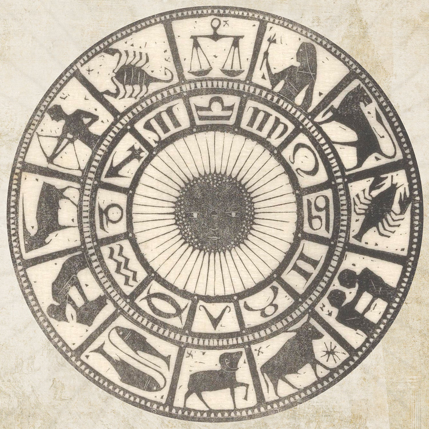 The Ancient Zodiac Print showcases the twelve astrological signs arranged in a circular pattern, with detailed illustrations for each sign. At the center is a striking sun-like design with radiating lines. This exquisite piece of wall art has an aged parchment appearance, beautifully capturing the timeless allure of ancient astrology.