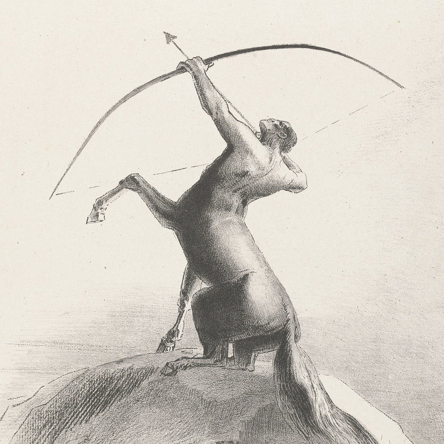 The artwork "Centaur Aiming at the Clouds" by Odilon Redon features a captivating illustration of a centaur, the mythological being with a human upper body and horse lower body, standing poised on a hill as it aims an arrow into the sky. The simplistic gradient background highlights the centaur perfectly, making this piece an ideal addition to modern astrology wall art for zodiac enthusiasts.