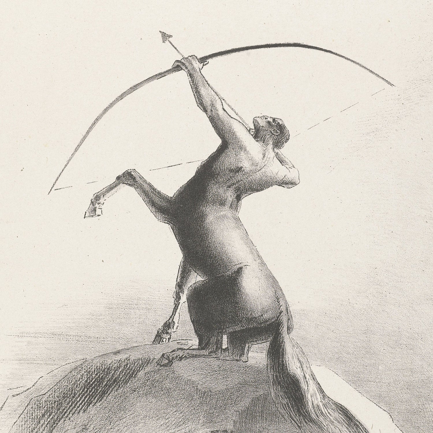 The artwork "Centaur Aiming at the Clouds" by Odilon Redon features a captivating illustration of a centaur, the mythological being with a human upper body and horse lower body, standing poised on a hill as it aims an arrow into the sky. The simplistic gradient background highlights the centaur perfectly, making this piece an ideal addition to modern astrology wall art for zodiac enthusiasts.
