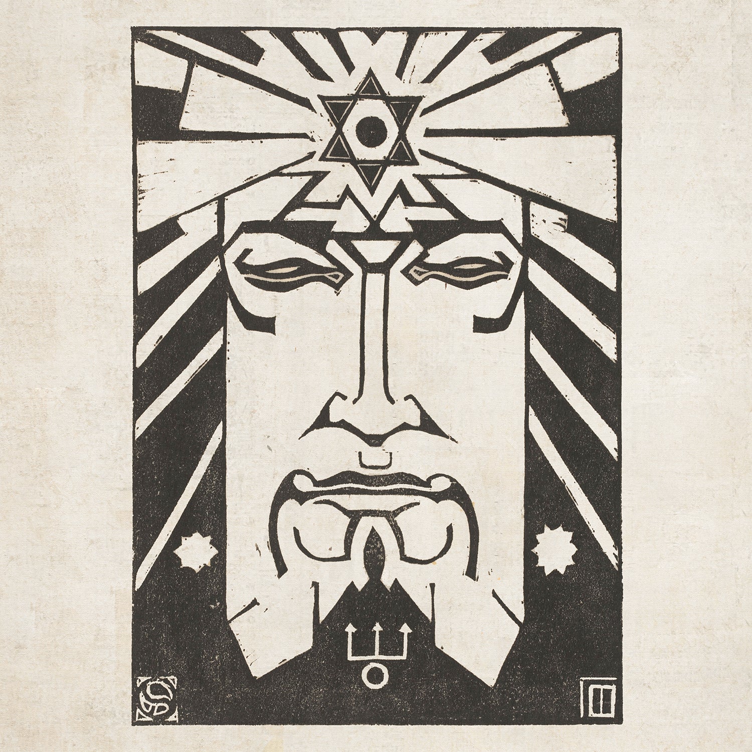 Monochrome illustration of a stylized human face with a stern expression and intricate geometric designs, reminiscent of Neptunus - Planet Masks by Henri van der Stok. The face features prominent eyes, a pronounced nose, and a triangle with a central eye on the forehead. Rays emanate from the head with various symbols present, making it perfect wall art.