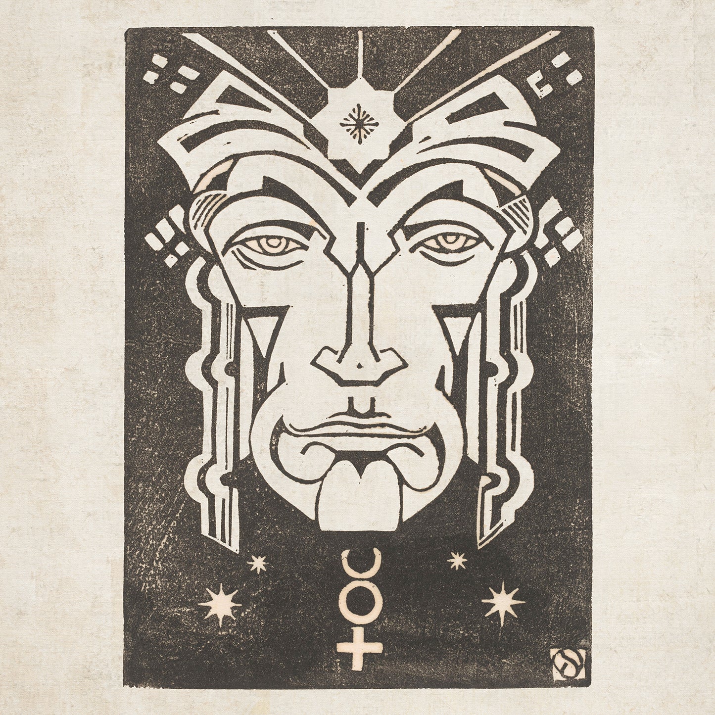 The "Mercurius - Planet Masks" by Henri van der Stok features a stylized monochrome depiction of a face with geometric, robotic features and elongated eyes. Reminiscent of an ancient artifact or a futuristic mask, the image is adorned with a zodiac crescent moon and cross symbol, along with stars near the bottom. This astrology wall art is completed by its textured neutral background.