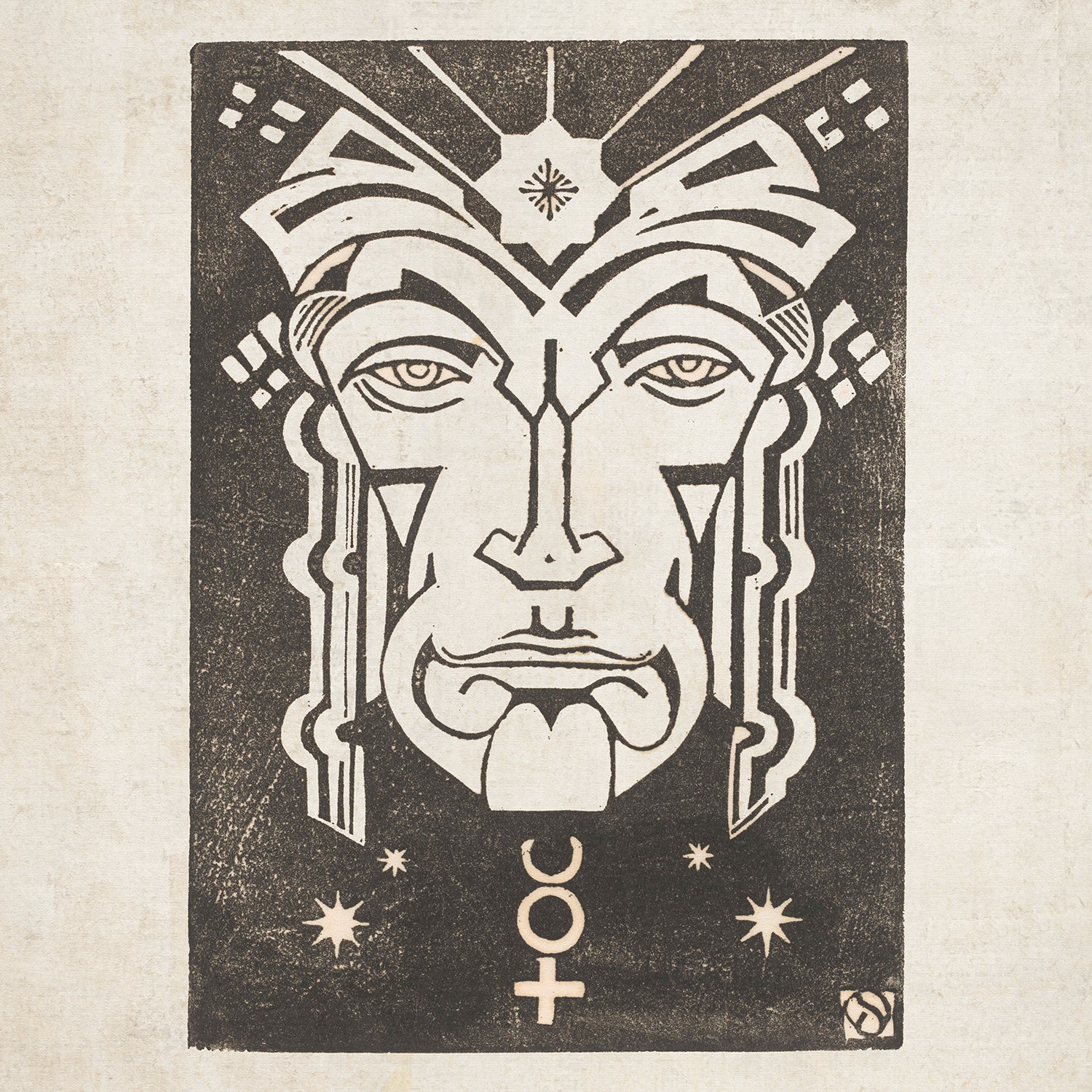 The "Mercurius - Planet Masks" by Henri van der Stok features a stylized monochrome depiction of a face with geometric, robotic features and elongated eyes. Reminiscent of an ancient artifact or a futuristic mask, the image is adorned with a zodiac crescent moon and cross symbol, along with stars near the bottom. This astrology wall art is completed by its textured neutral background.