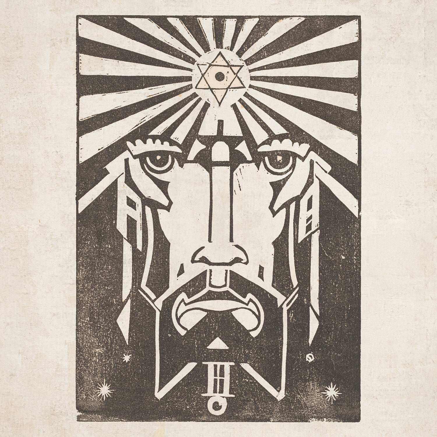 A stylized, monochromatic image of a face with angular features, topped by a star within a hexagon and encircled by radiant lines. The design evokes ancient or mystical iconography with celestial symbols, reminiscent of Henri van der Stok's art in "Uranus - Planet Masks.