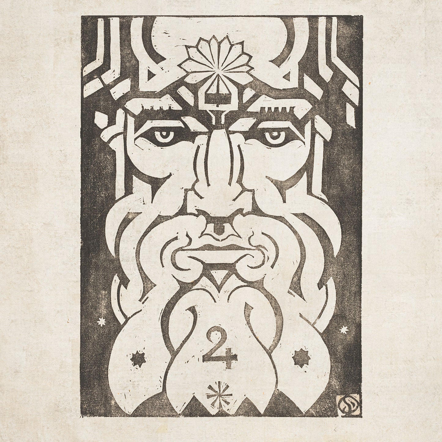 A striking black and white illustration of a face with a long beard features intricate design elements in the piece titled "Jupiter - Planet Masks" by Henri van der Stok. The face is adorned with geometric shapes, including a central starburst on the forehead. Beneath the nose, the number '2' is surrounded by additional star shapes in the beard area, evoking Astrology Wall Art vibes.