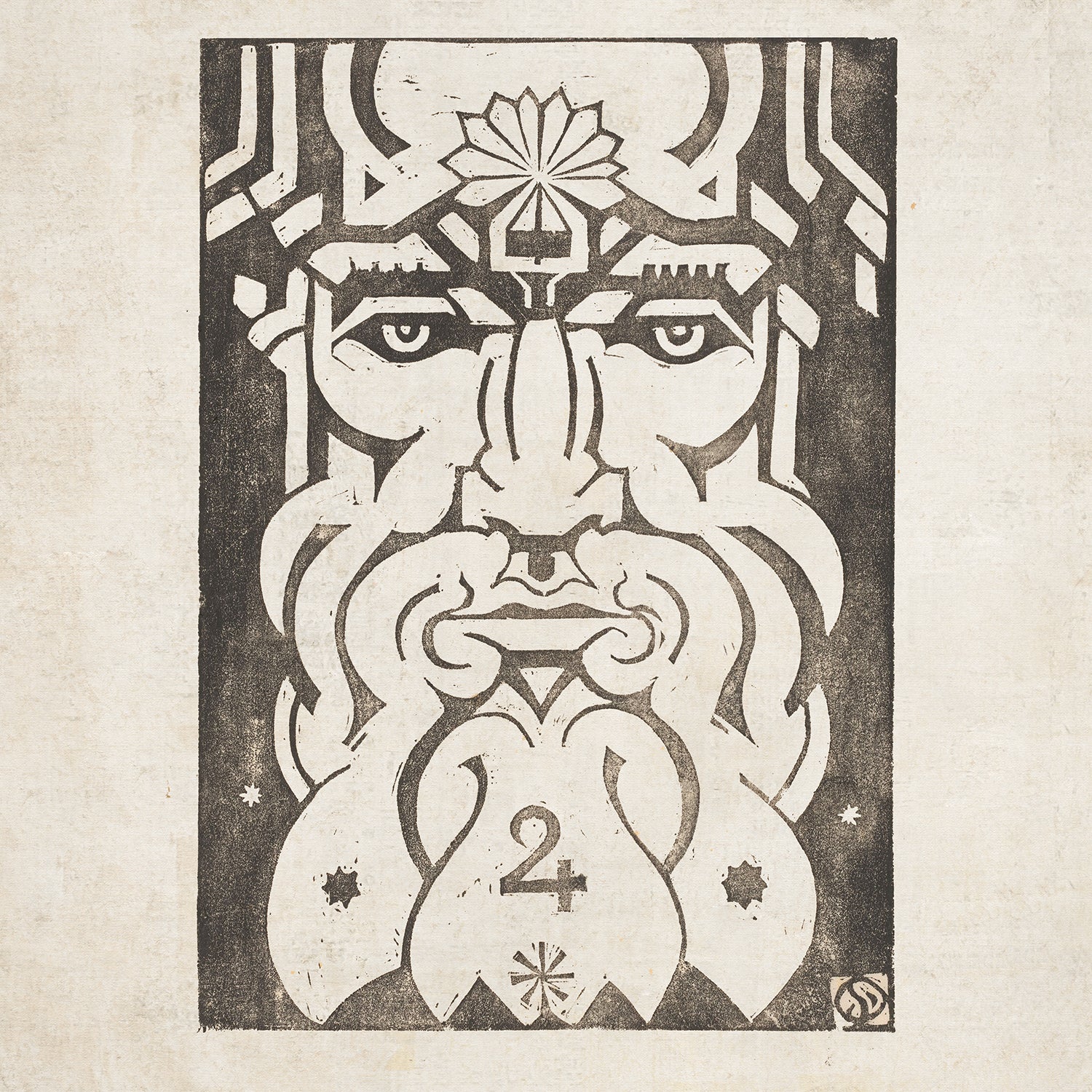 A striking black and white illustration of a face with a long beard features intricate design elements in the piece titled "Jupiter - Planet Masks" by Henri van der Stok. The face is adorned with geometric shapes, including a central starburst on the forehead. Beneath the nose, the number '2' is surrounded by additional star shapes in the beard area, evoking Astrology Wall Art vibes.