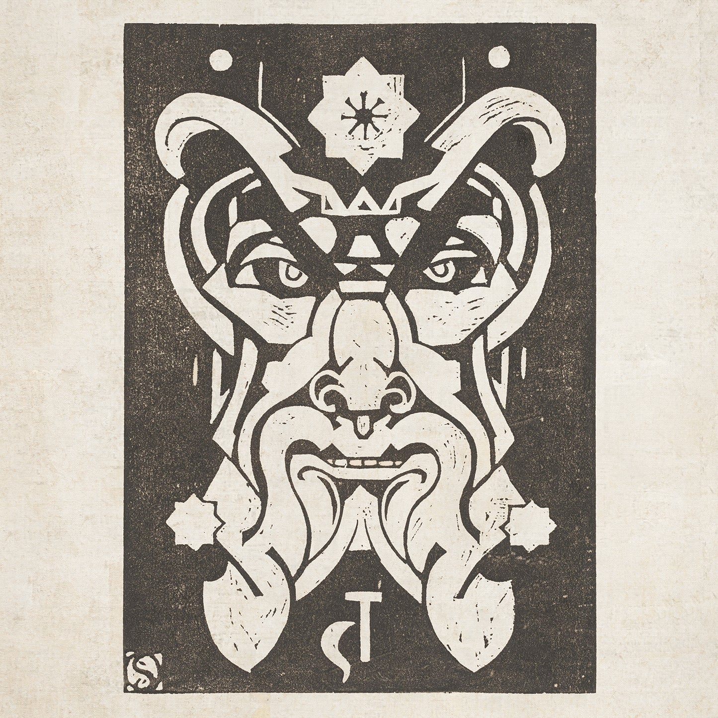 Monochromatic illustration of a stylized, bearded face with intricate geometric patterns, star shapes, and symmetrical features. The Saturnus - Planet Masks by Henri van der Stok boast a tribal and mystical aesthetic reminiscent of ancient zodiac symbols.