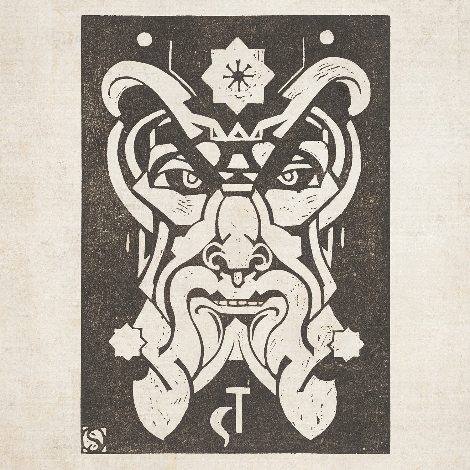 Monochromatic illustration of a stylized, bearded face with intricate geometric patterns, star shapes, and symmetrical features. The Saturnus - Planet Masks by Henri van der Stok boast a tribal and mystical aesthetic reminiscent of ancient zodiac symbols.