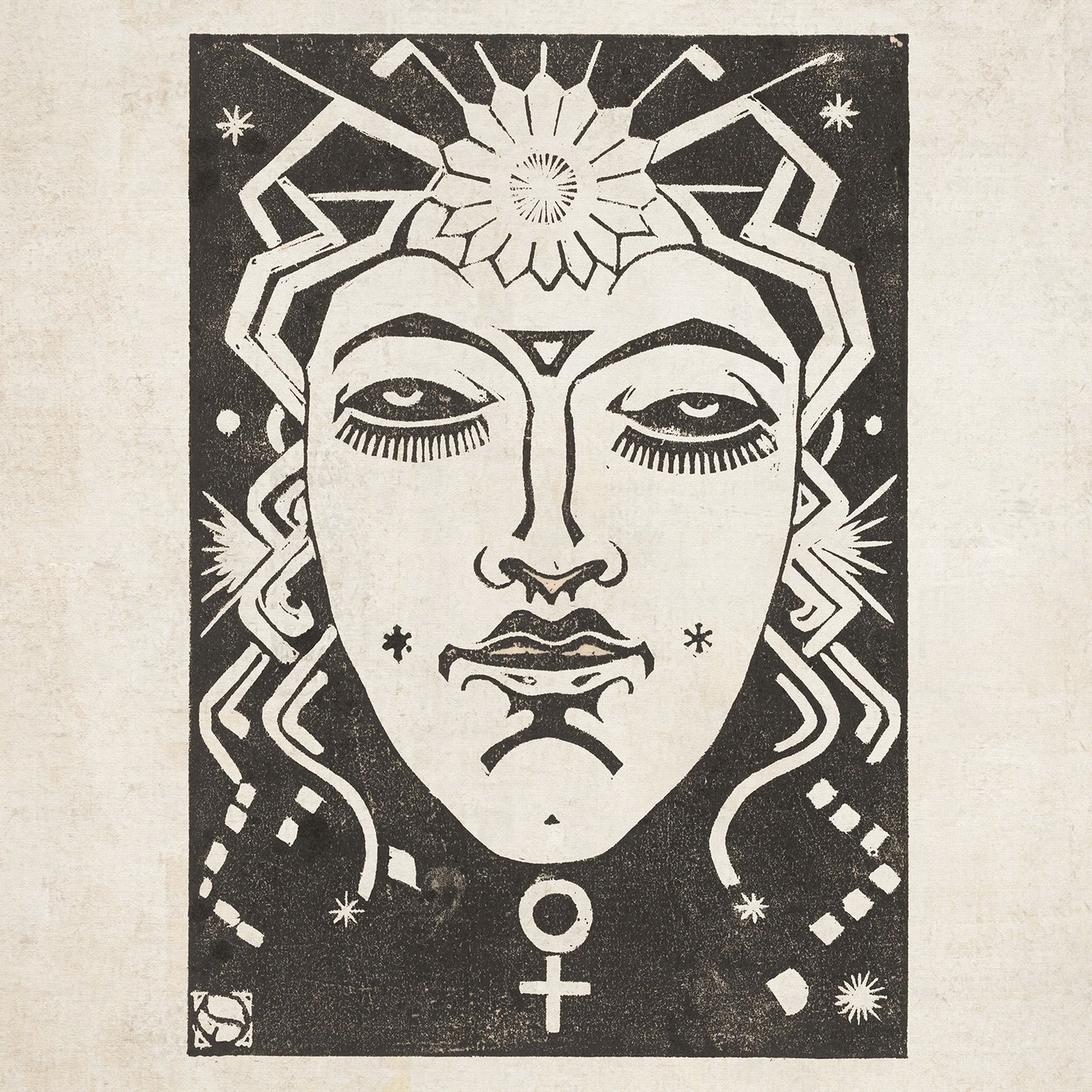 The Venus - Planet Masks by Henri van der Stok features black and white artwork depicting a stylized human face adorned with abstract patterns. A sun emblem graces the forehead, surrounded by radiating lines. The symmetrical facial features are accentuated by bold lines and are encircled by various geometric shapes, zodiac motifs, and symbols, including the female symbol.