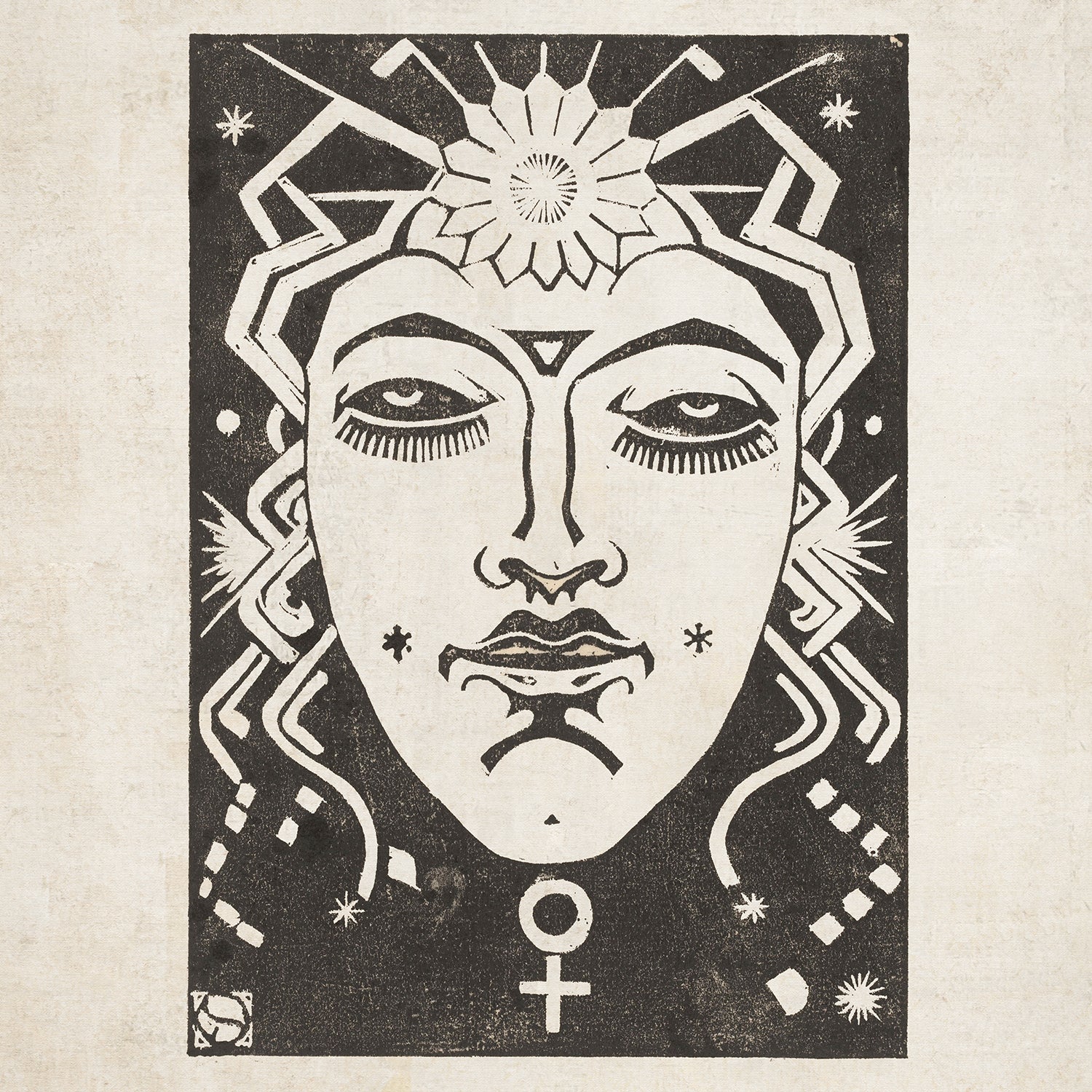The Venus - Planet Masks by Henri van der Stok features black and white artwork depicting a stylized human face adorned with abstract patterns. A sun emblem graces the forehead, surrounded by radiating lines. The symmetrical facial features are accentuated by bold lines and are encircled by various geometric shapes, zodiac motifs, and symbols, including the female symbol.